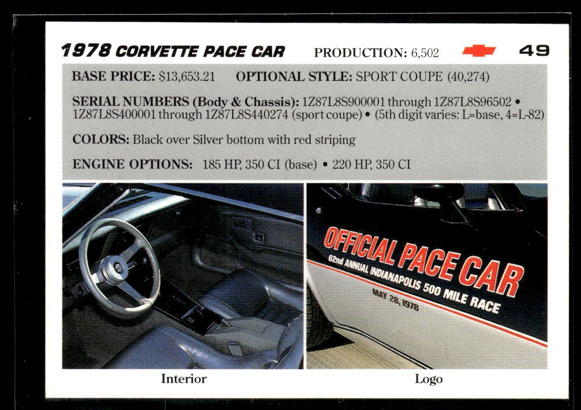 1991 Collect-A-Card Vette Set #49 1978 Corvette Pace Car 1363