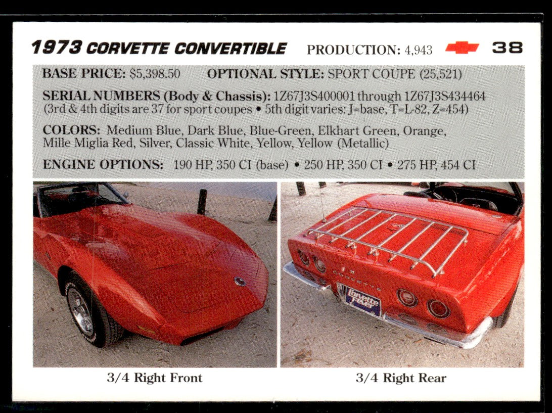 1991 Collect-A-Card Vette Set #38 1973 Corvette Convertible 1363