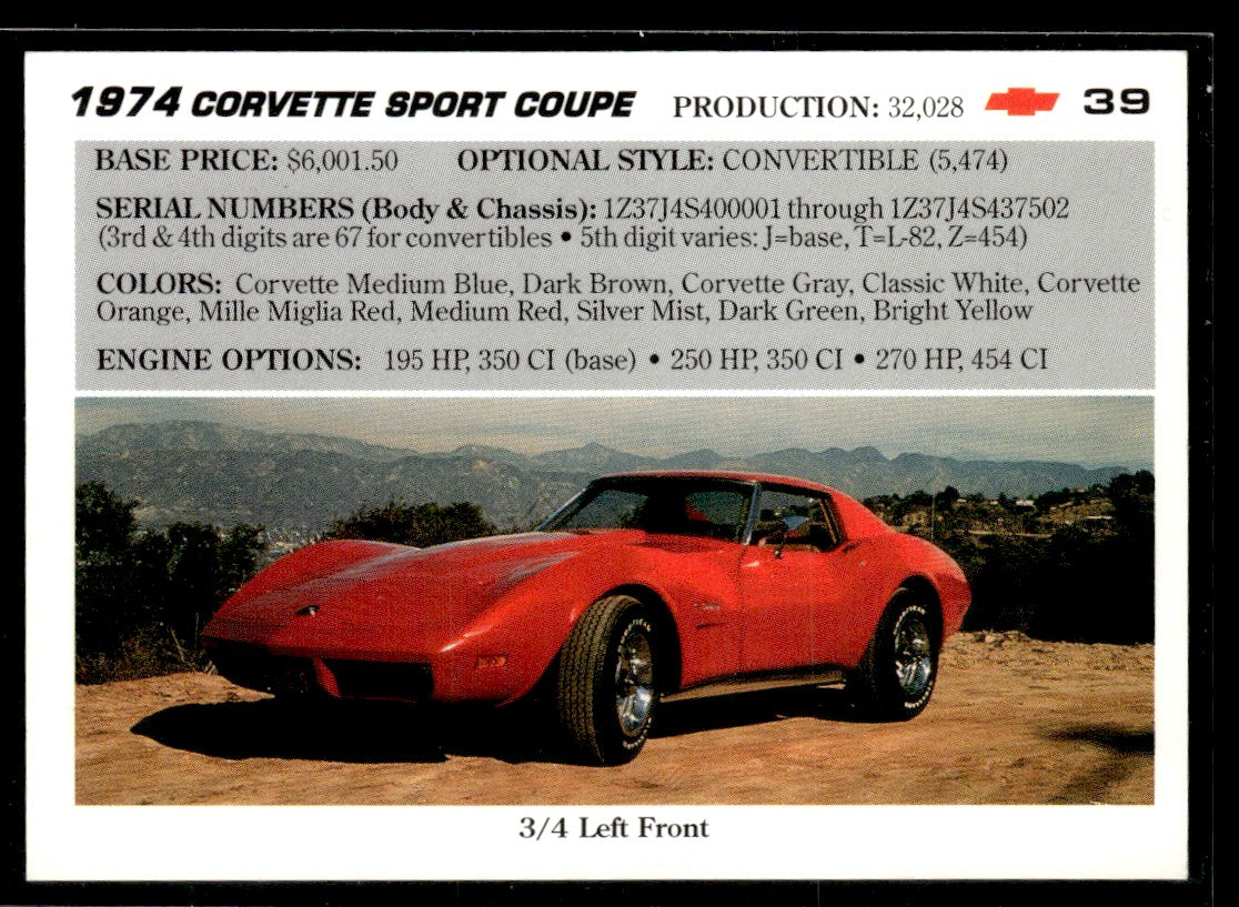 1991 Collect-A-Card Vette Set #39 1974 Corvette Sport Coupe 1363