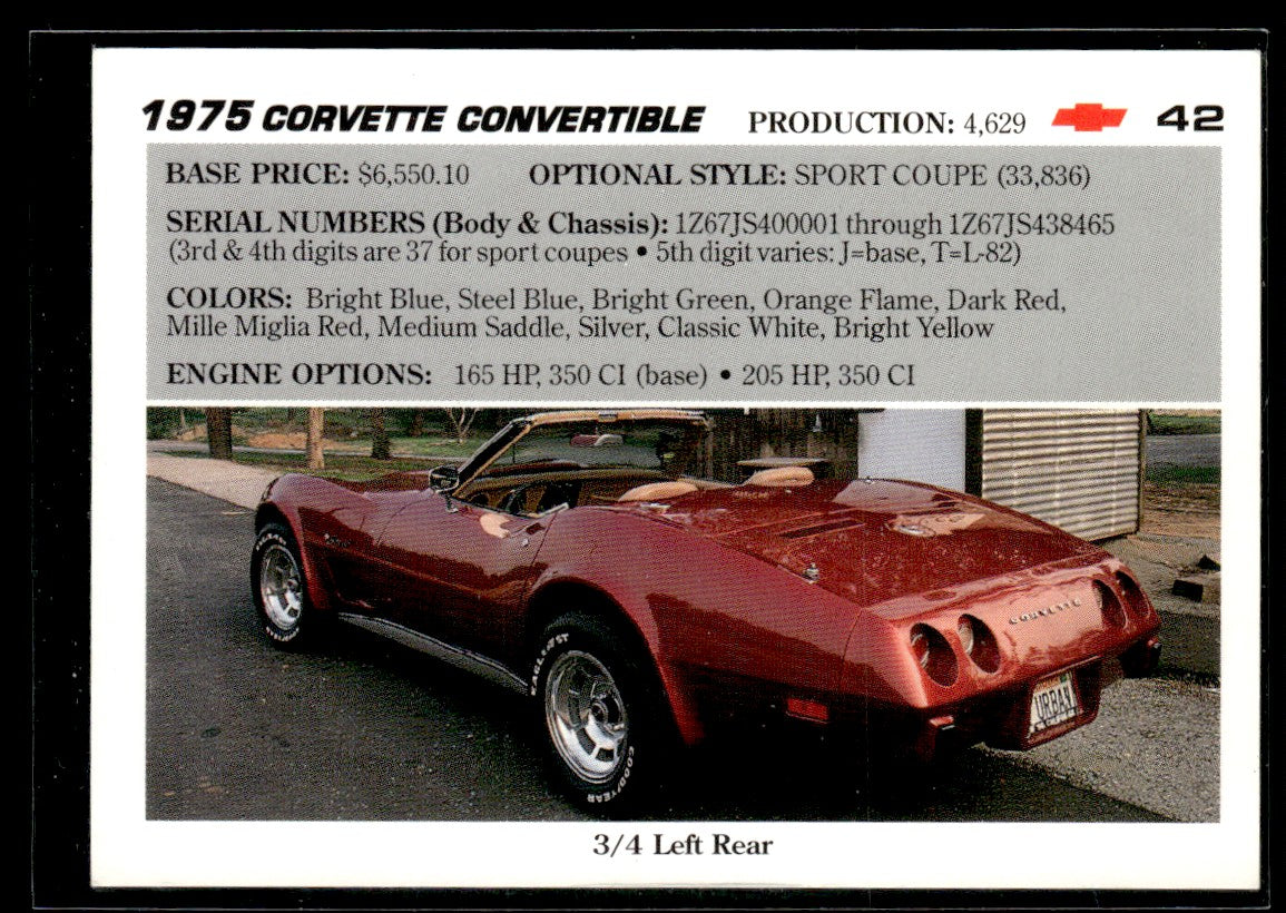 1991 Collect-A-Card Vette Set #42 1975 Corvette Convertible 1363