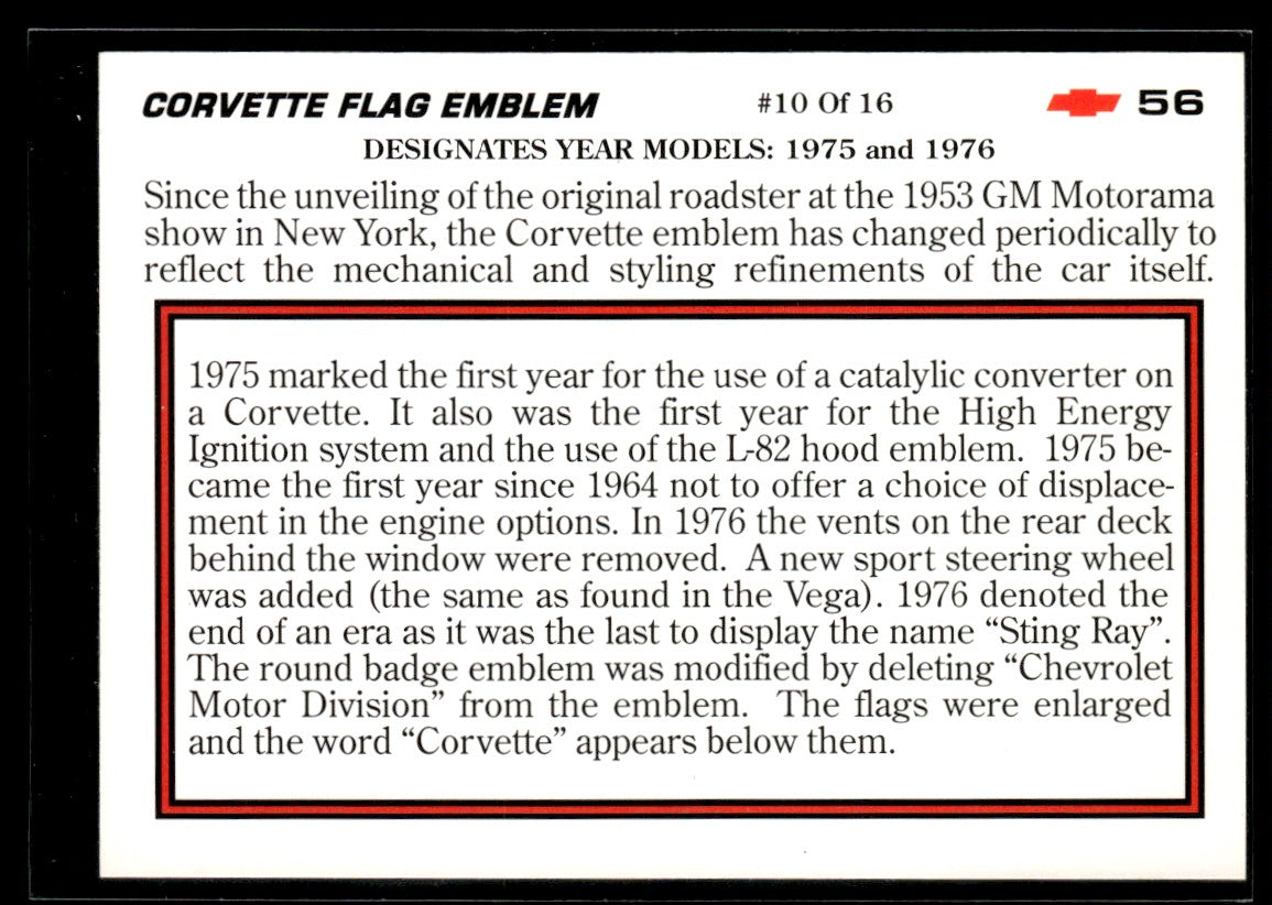 1991 Collect-A-Card Vette Set #56 Corvette Flag Emblem 1363