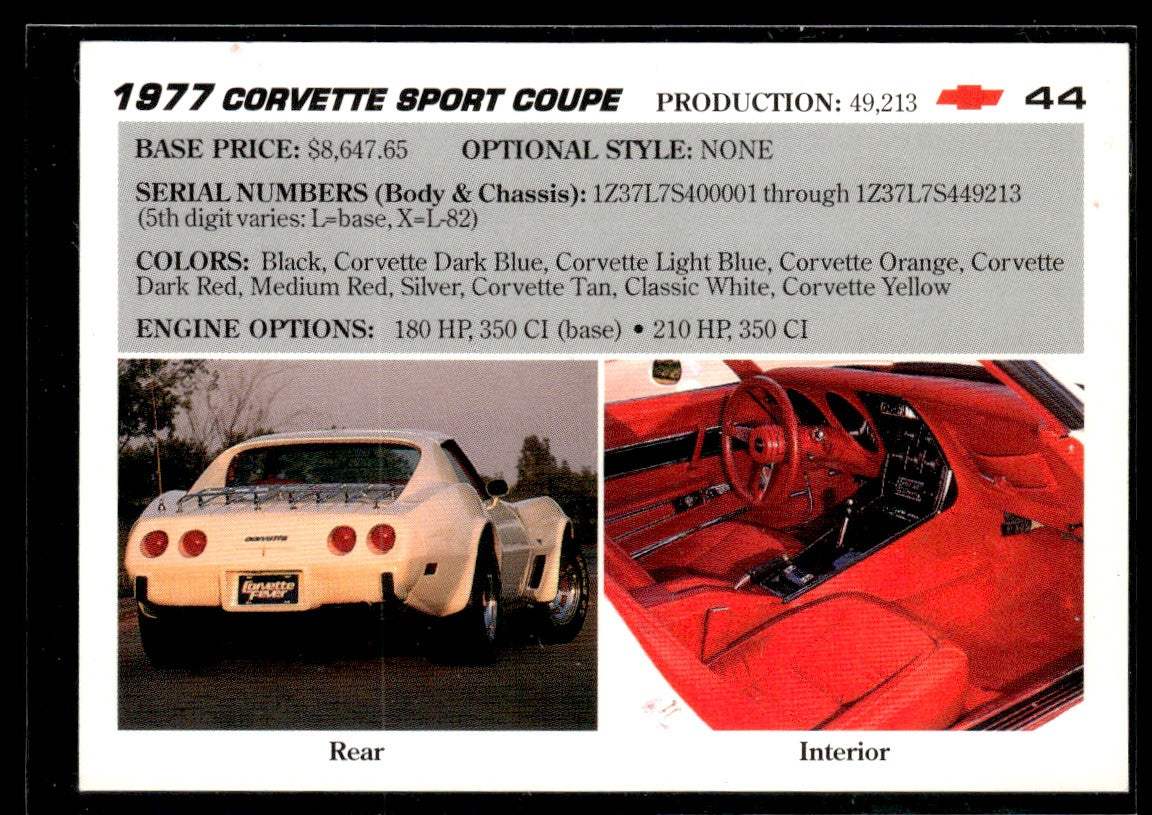 1991 Collect-A-Card Vette Set #44 1977 Corvette Sport Coupe 1363