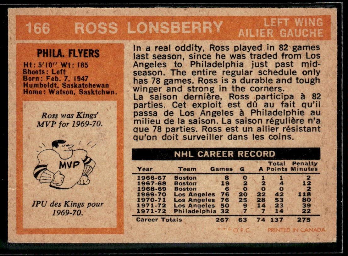 1972-73 O-Pee-Chee #166 Ross Lonsberry Philadelphia Flyers 2361