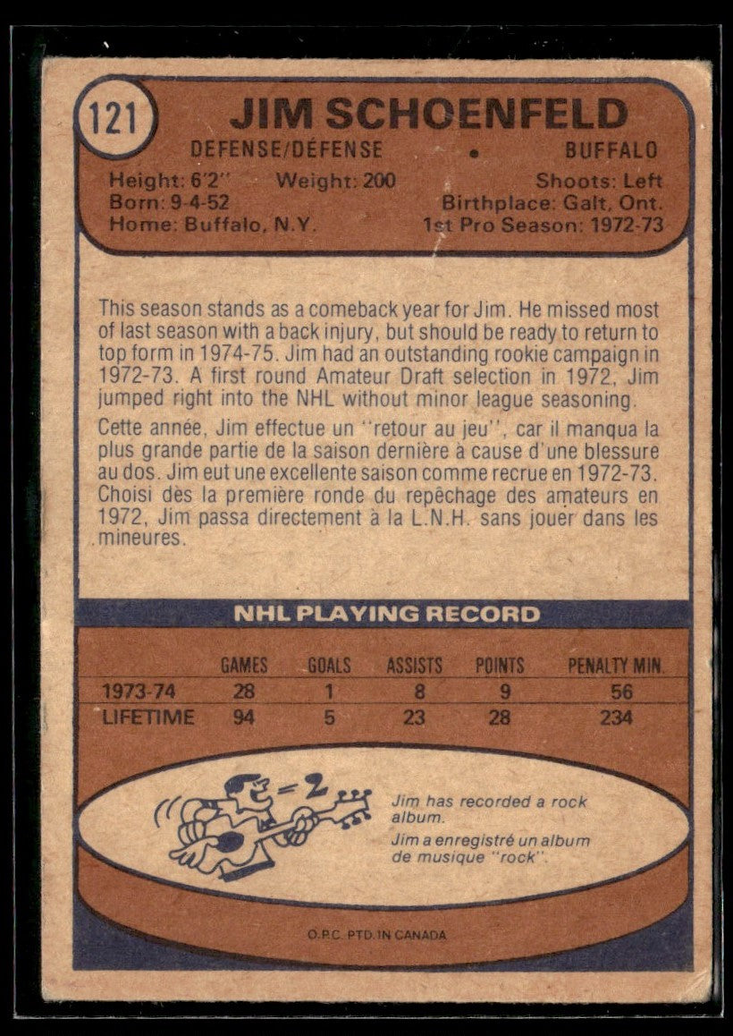 1974-75 O-Pee-Chee #121 Jim Schoenfeld Buffalo Sabres 2361