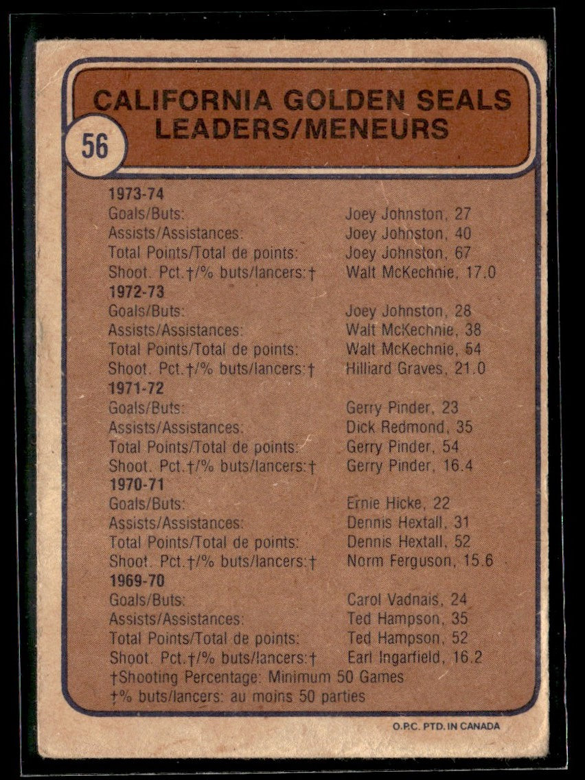 1974-75 Topps #56 Joey Johnston / Walt McKechnie California Golden Seals 2361