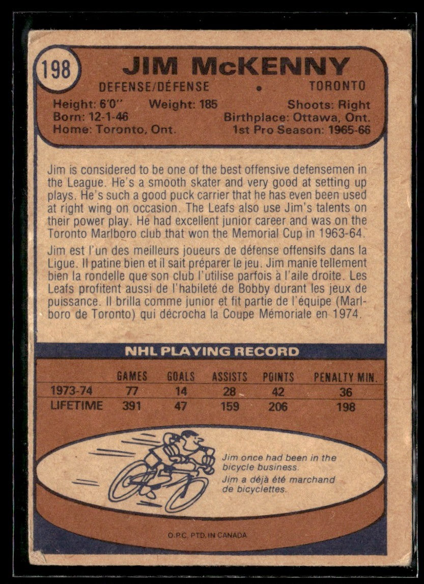 1974-75 O-Pee-Chee #198 Jim McKenny Toronto Maple Leafs 2361
