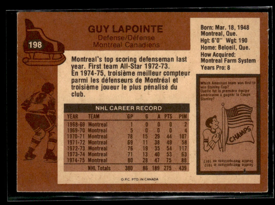 1975-76 O-Pee-Chee #198 Guy Lapointe Montreal Canadiens 2361