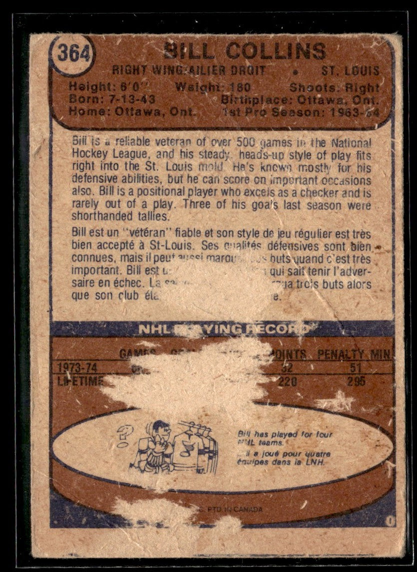 1974-75 O-Pee-Chee #364 Bill Collins St. Louis Blues 2361
