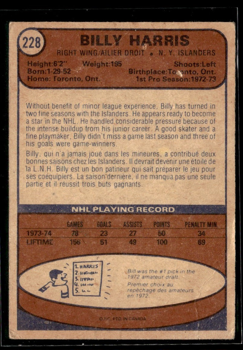 1974-75 O-Pee-Chee #228 Billy Harris New York Islanders 2361
