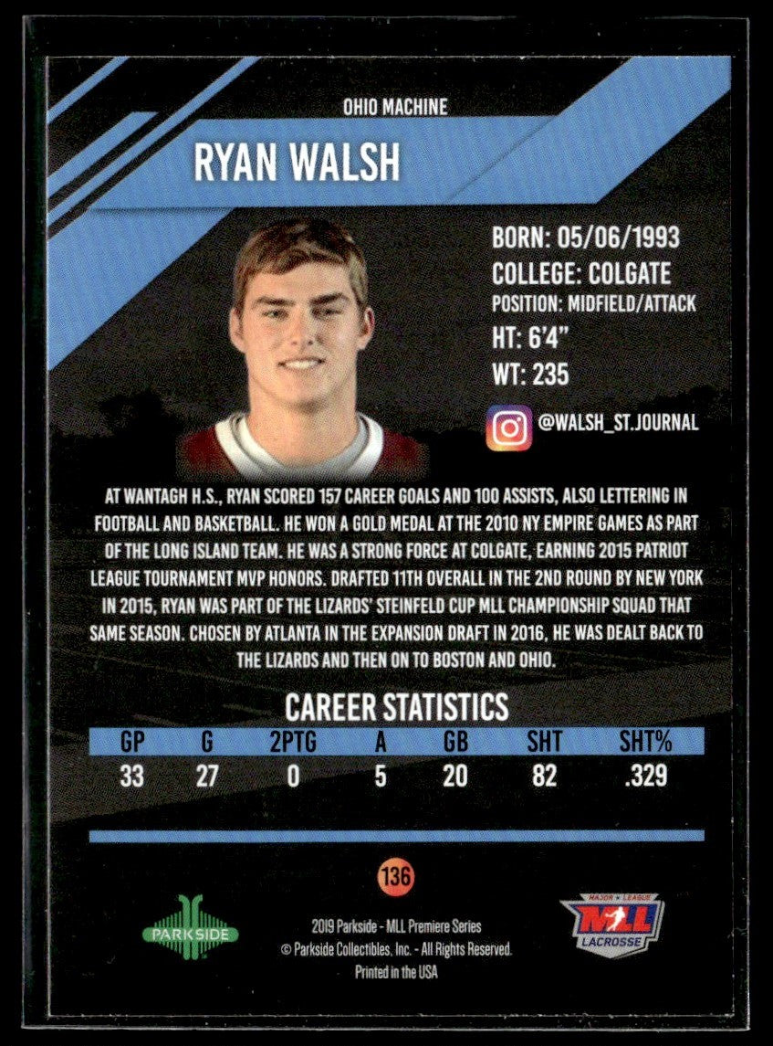 2019 Parkside MLL #136 Ryan Walsh RC Ohio Machine 1364
