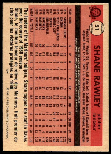 1981 O-Pee-Chee  #51 Shane Rawley   Seattle Mariners 1111