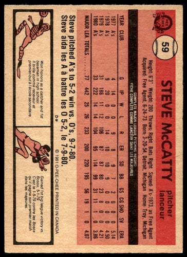 1981 O-Pee-Chee  #59 Steve McCatty   Oakland Athletics 1111