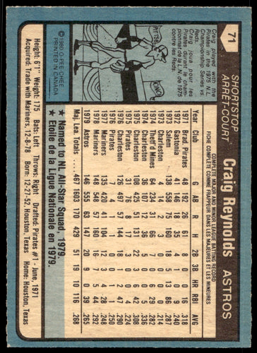 1980 O-Pee-Chee  #71 Craig Reynolds   Houston Astros 1111