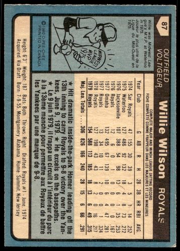 1980 O-Pee-Chee  #87 Willie Wilson  DP  Kansas City Royals 1111