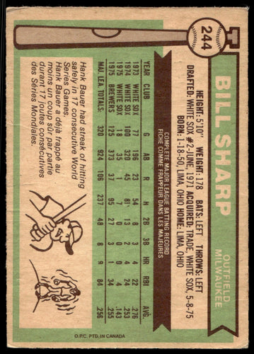 1976 O-Pee-Chee  #244 Bill Sharp   Milwaukee Brewers 1111