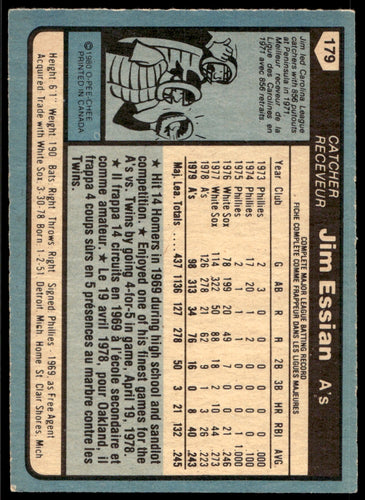 1980 O-Pee-Chee  #179 Jim Essian   Oakland Athletics 1111