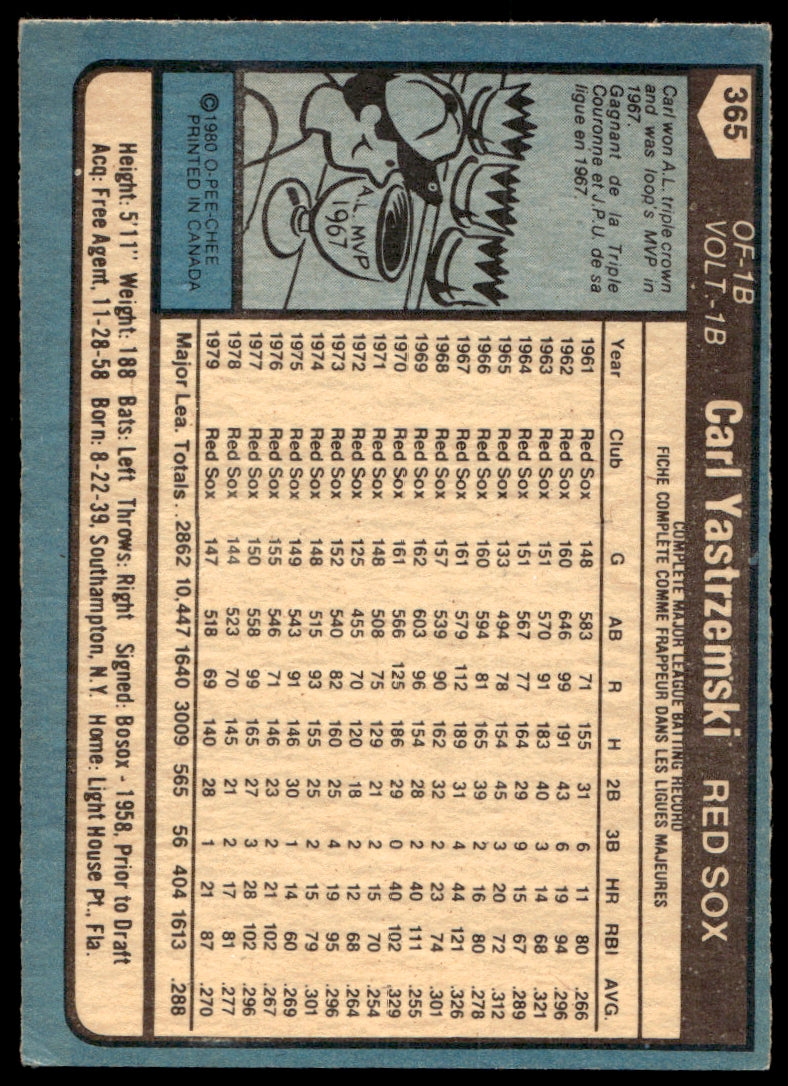 1980 O-Pee-Chee  #365 Carl Yastrzemski  AS, DP  Boston Red Sox 1111