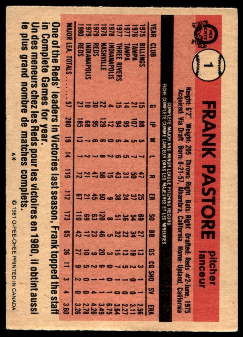 1981 O-Pee-Chee  #1 Frank Pastore   Cincinnati Reds 1111