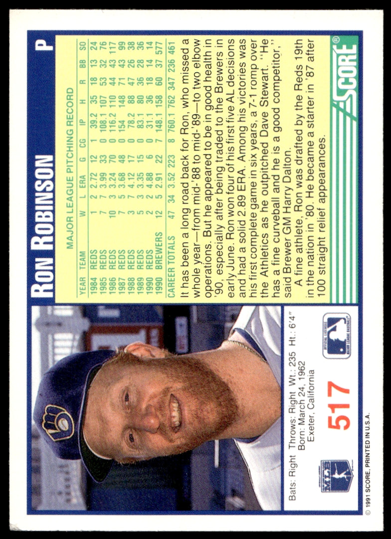 1991 Score  #517 Ron Robinson  UER  Milwaukee Brewers 1111