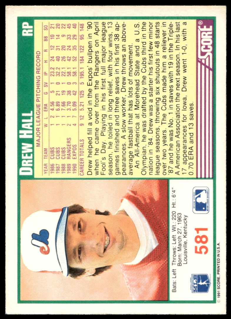 1991 Score  #581 Drew Hall   Montreal Expos 1111