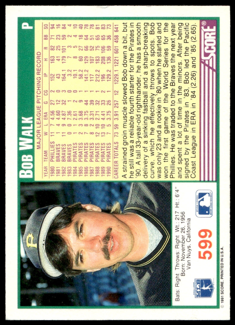1991 Score  #599 Bob Walk  UER  Pittsburgh Pirates 1111