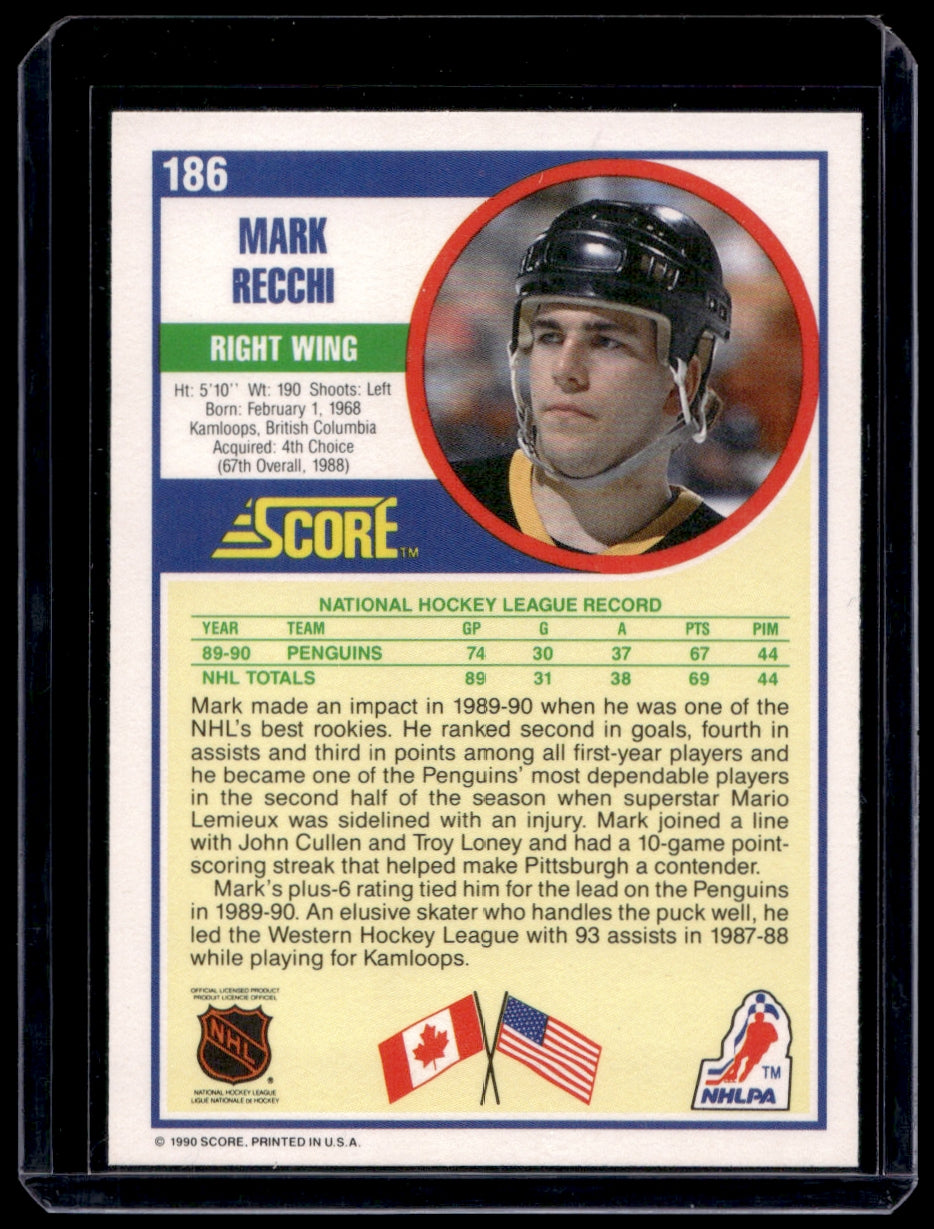 1990 Score American  #186 Mark Recchi RC  Pittsburgh Penguins 2111