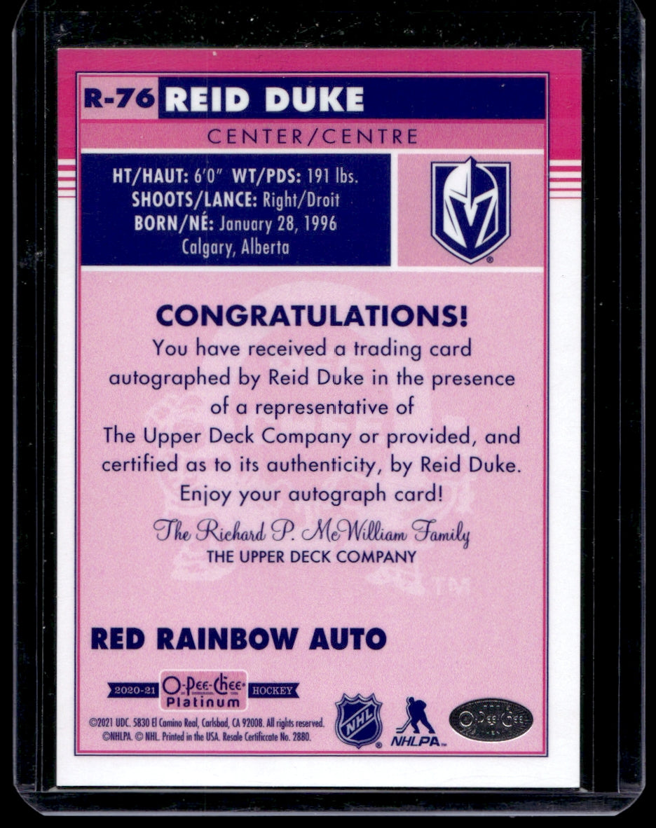 2020-21 O-Pee-Chee Platinum Retro Red Rainbow Autos #R-76 Reid Duke AU 2112