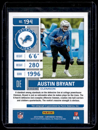 2019  Panini Contenders Playoff Ticket #194 Austin Bryant  SN99  Lions 1362