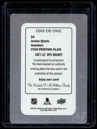 2021-22 O-Pee-Chee Printing Plate Cyan #54 Jordan Eberle SN1 Islanders 2112