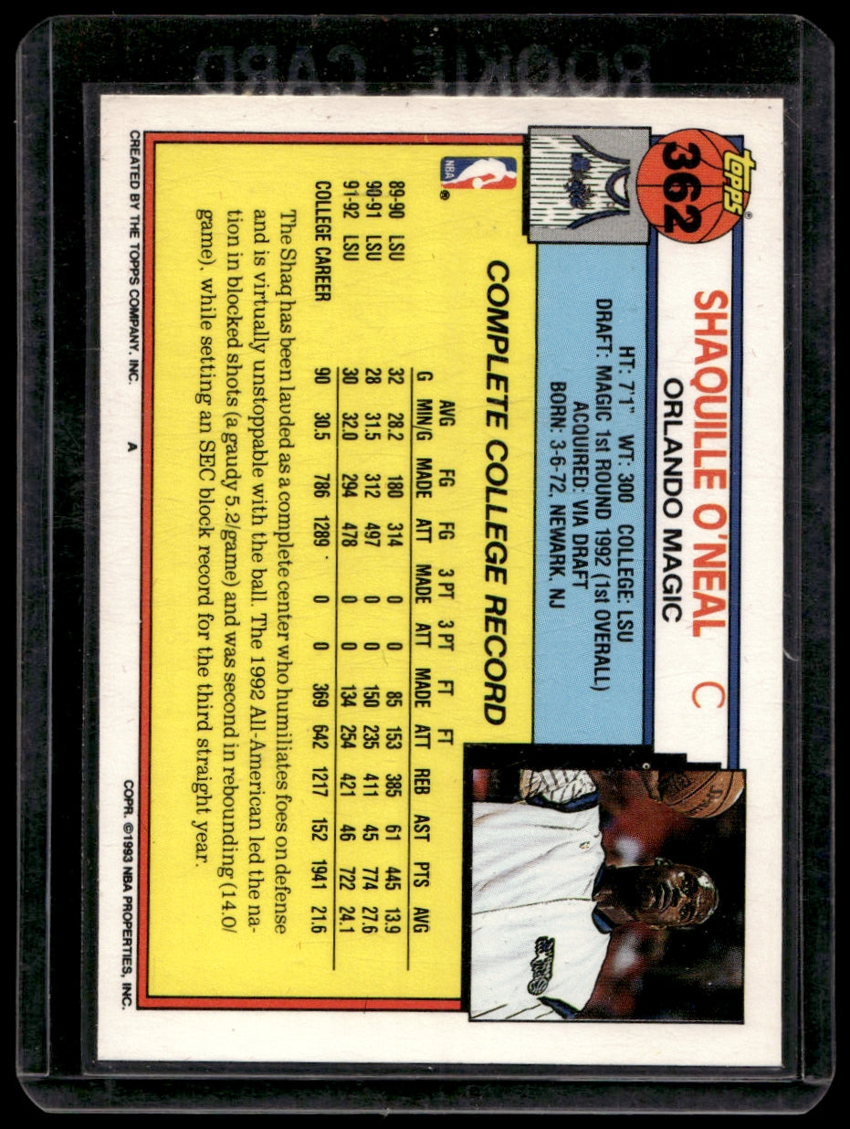 1992 Topps  #362 Shaquille O'Neal  DPK, RC  Orlando Magic 1352