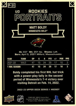 2022 Upper Deck UD Portraits #P-31 Matt Boldy SP  Minnesota Wild 4115