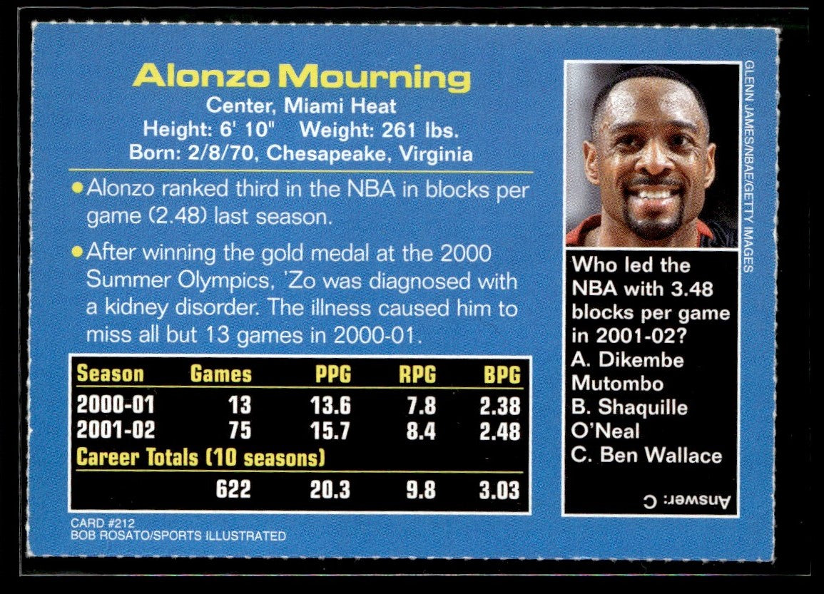 2002 Sports Illustrated for Kids #212 Alonzo Mourning Miami Heat 1351