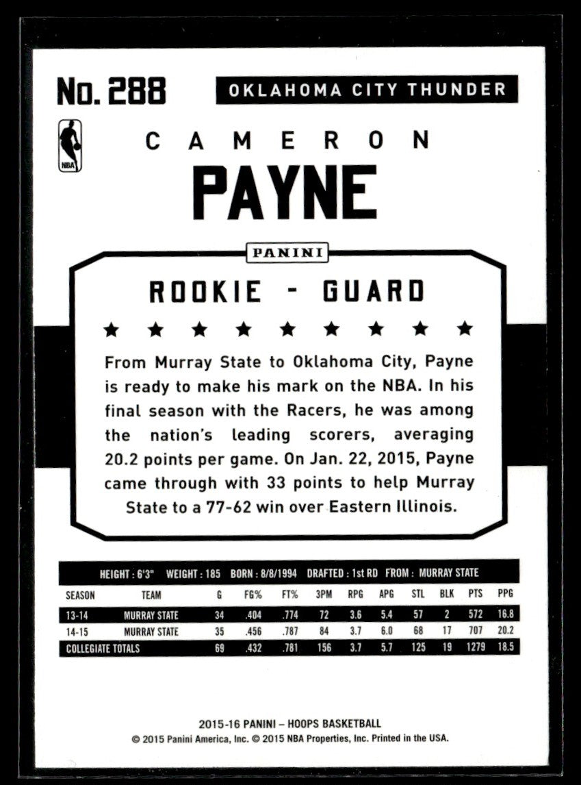 2015-16 Hoops #288 Cameron Payne RC Oklahoma City Thunder 1352