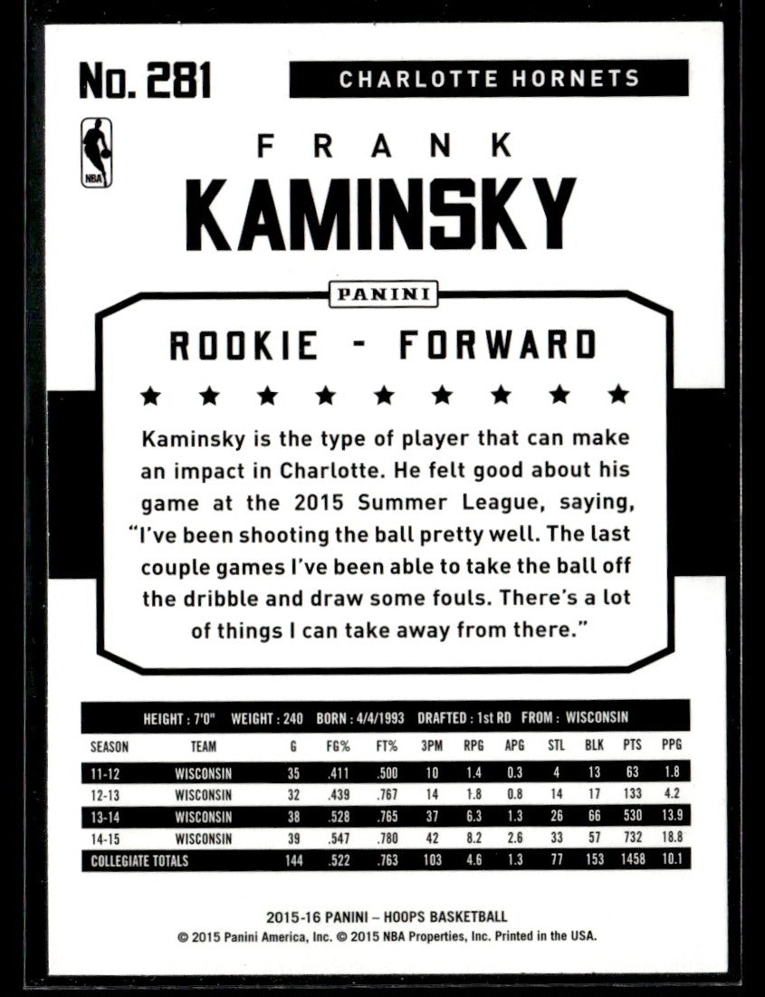 2015-16 Hoops #281 Frank Kaminsky RC Charlotte Hornets 1352
