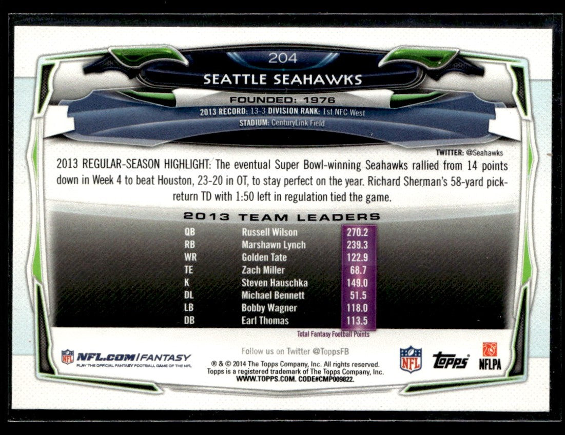 2014 Topps #204 Seattle Seahawks Seattle Seahawks 1362