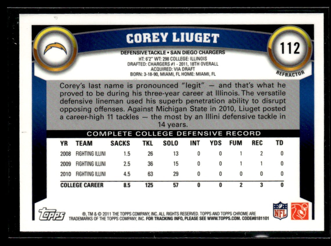 2011 Topps Chrome Refractors #112 Corey Liuget San Diego Chargers 1362